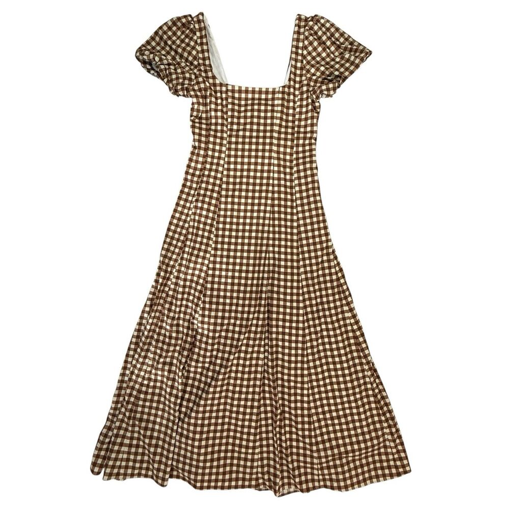 Show Me Your Mumu Mia Midi Dress Medium Brown Gigham Square Neck Full Skirt